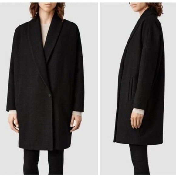Allsaints Sentai Klein Black Wool Cocoon Coat size Large